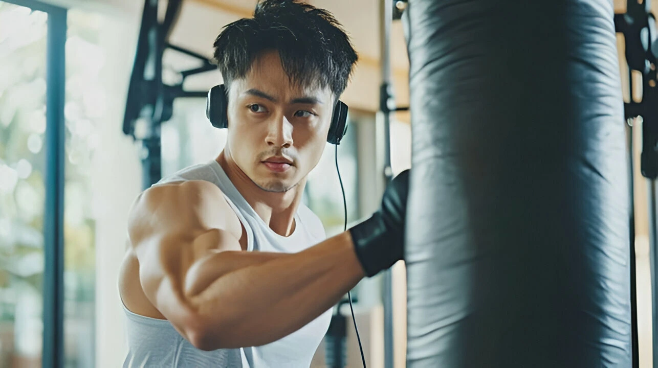 man in a white tank top and black gloves is punching a heavy bag